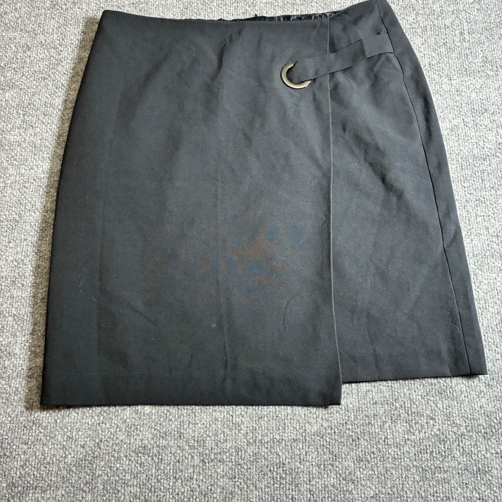 Calvin Klein Faux Wrap Skirt Womens 12P Black O-Ring Lined Petite